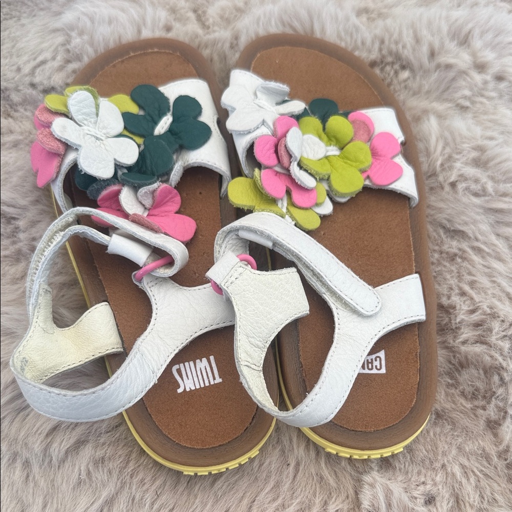Camper twins Kids White Sandals with Pink, Lime & Dark Green Floral Appliques
